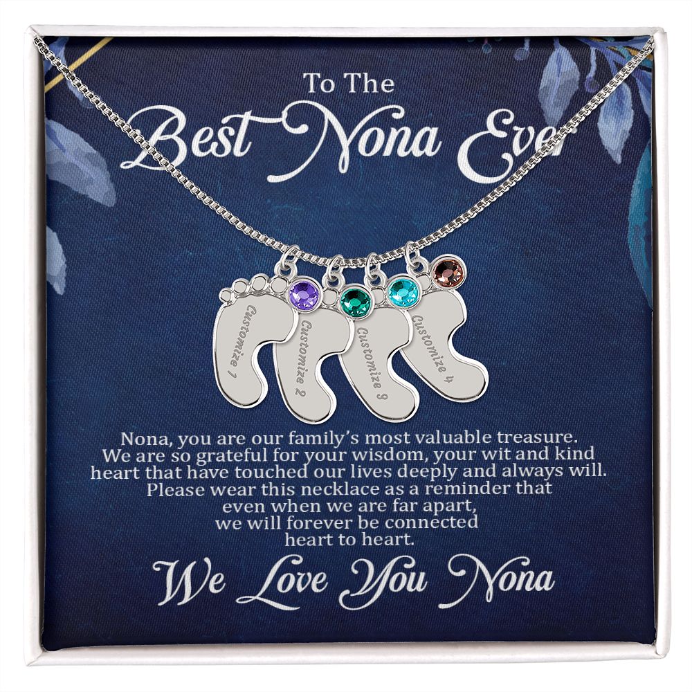 Nona - Best Nona Ever - Custom Name Baby Feet Charm Necklace