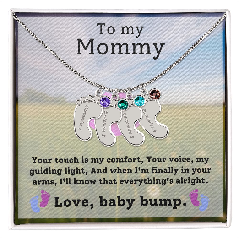 Mommy To Be - Engraved Baby Feet Necklace with Birthstone - Your Touch Is My Comfort- w/o lux box