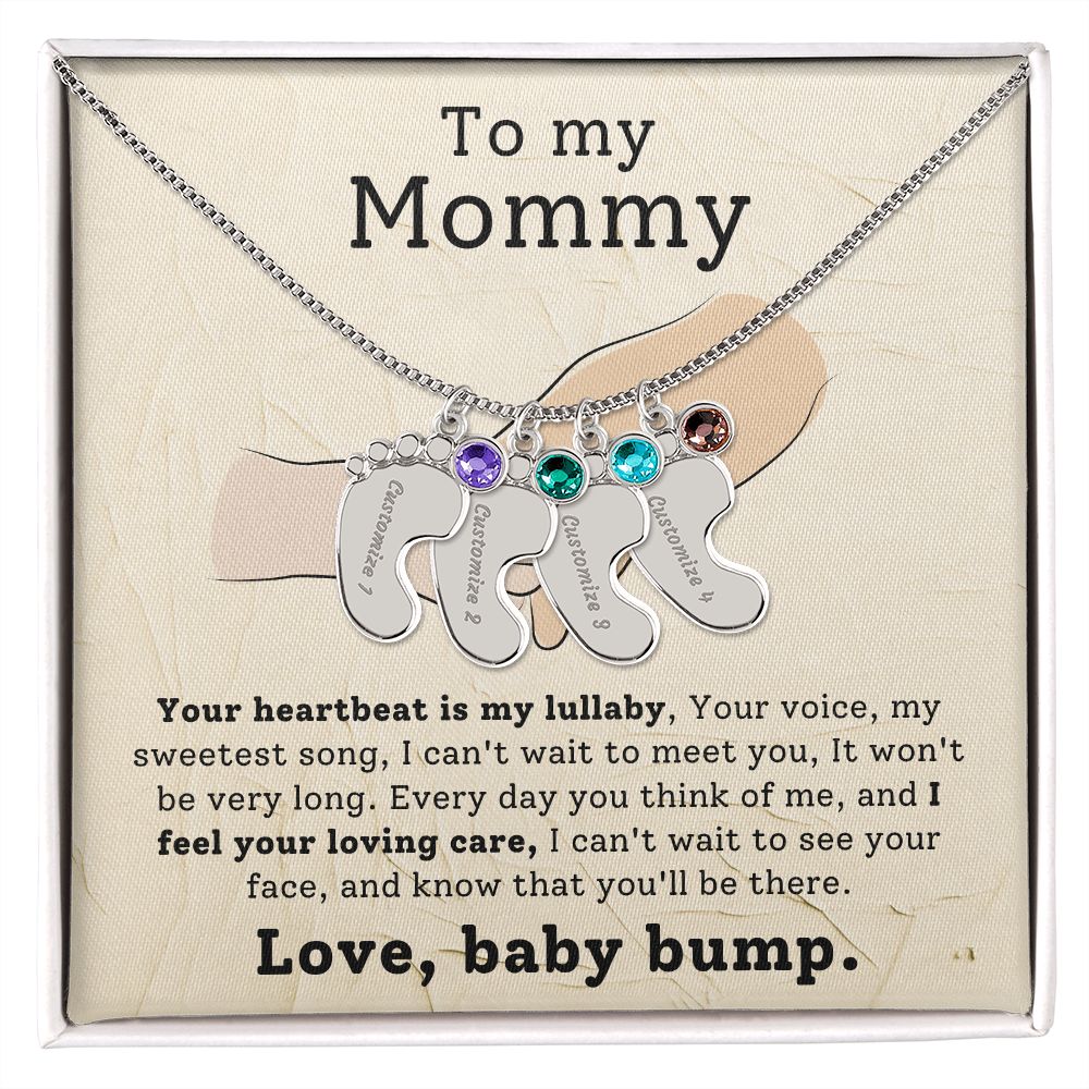 Mommy To Be - Engraved Baby Feet Necklace with Birthstone - Your Heartbeat Is My Lullaby- w/o lux box