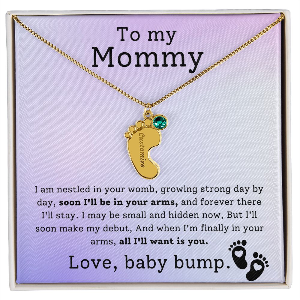 Mommy To Be - Engraved Baby Feet Necklace with Birthstone -All I Want Is You- w/o lux box