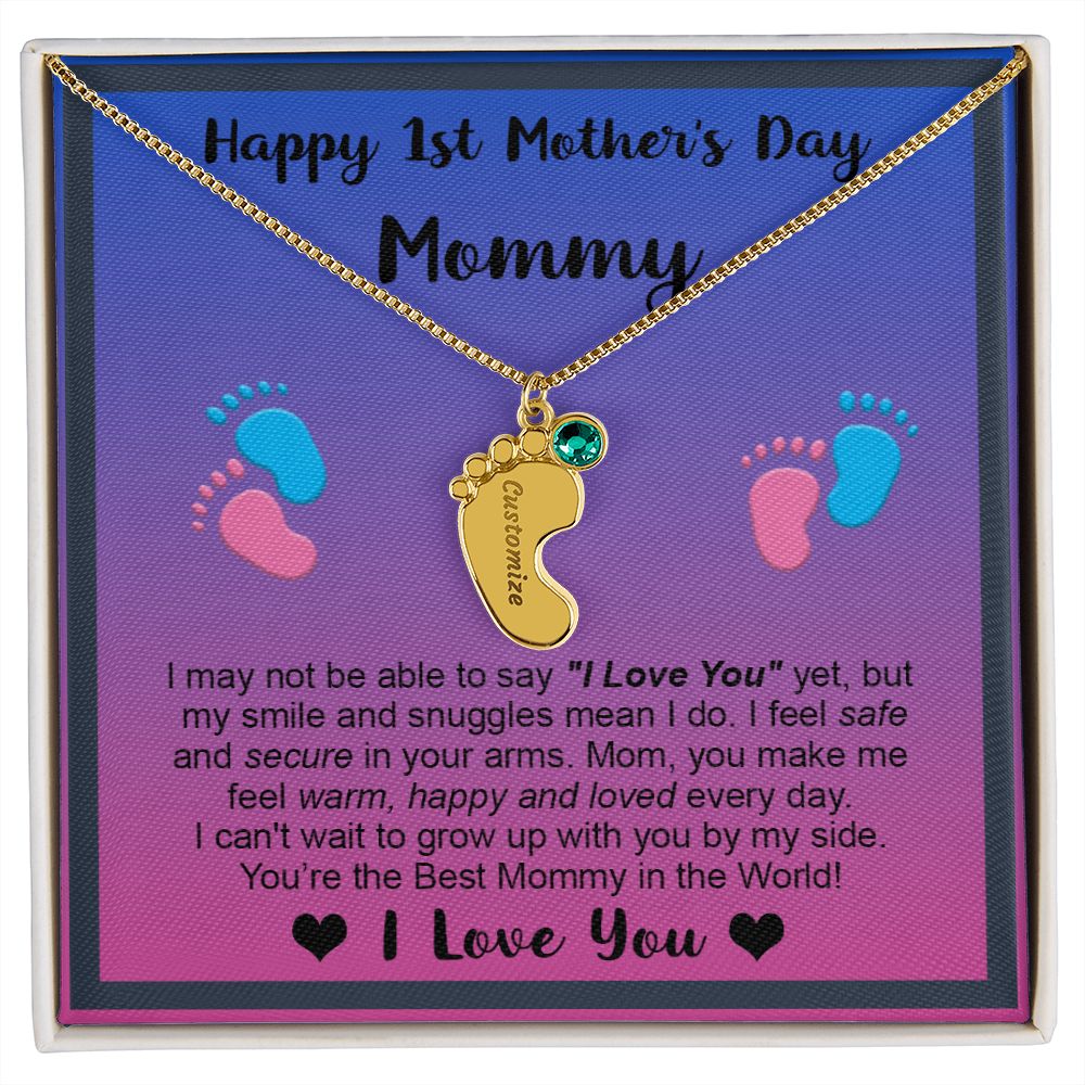 Mommy's First Mothers Day Gift- Engraved Baby Feet Necklace with Birthstone - Dup 2