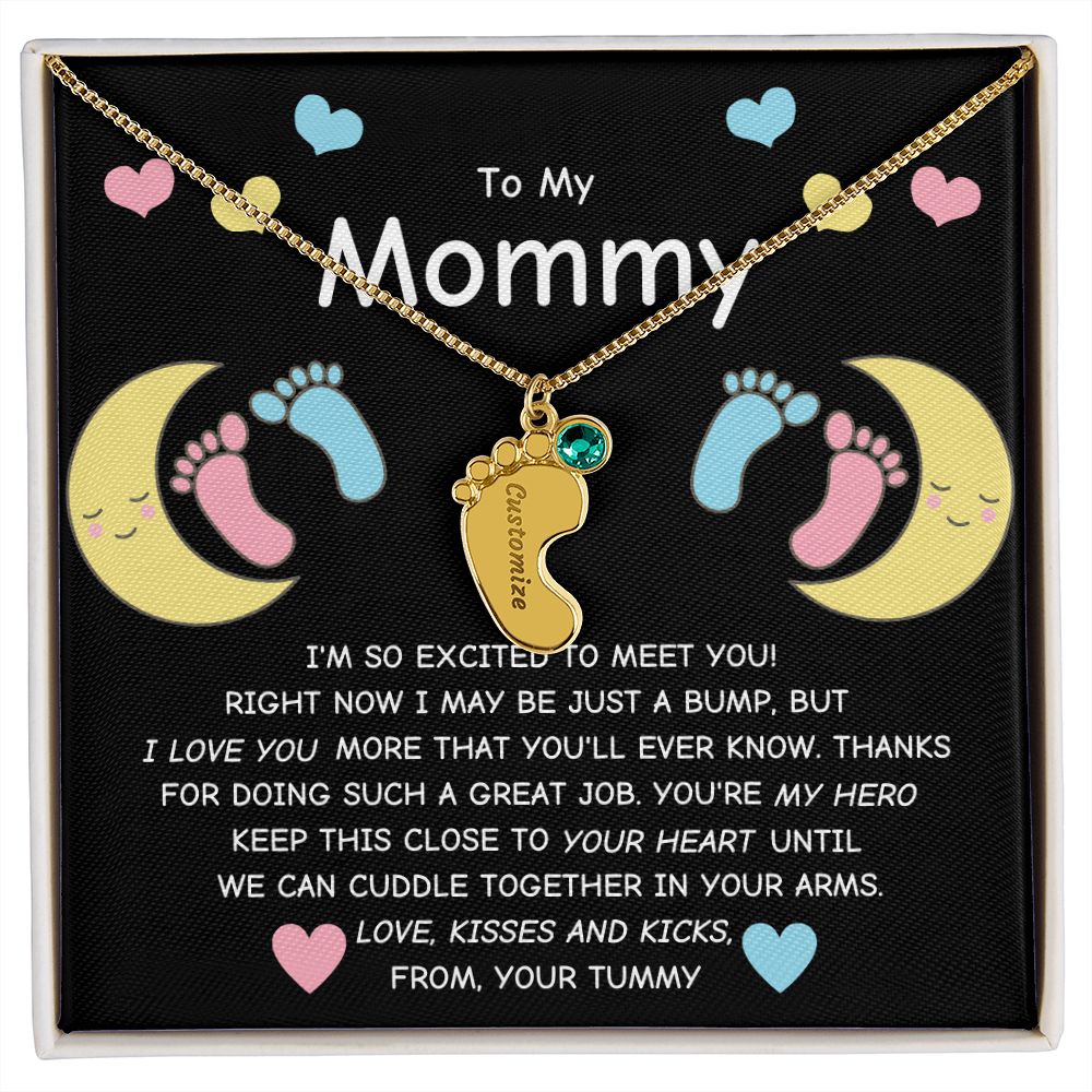 Mommy To Be - Engraved Baby Feet Necklace with Birthstone - You're My Hero- wo lux box