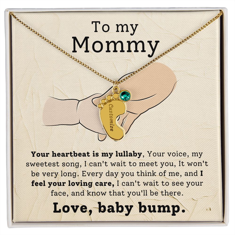 Mommy To Be - Engraved Baby Feet Necklace with Birthstone - Your Heartbeat Is My Lullaby- w/o lux box