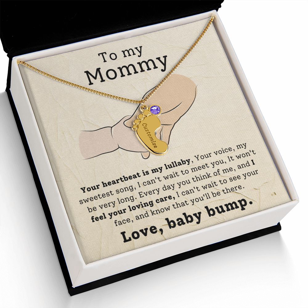 Mommy To Be - Engraved Baby Feet Necklace with Birthstone - Your Heartbeat Is My Lullaby- w/o lux box