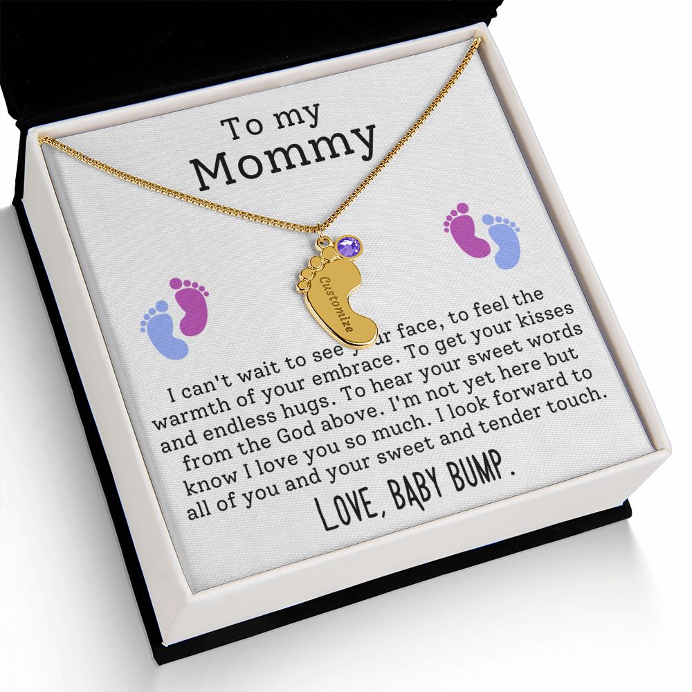 Mommy To Be - Engraved Baby Feet Necklace with Birthstone - Endless Hugs - w/o lux box