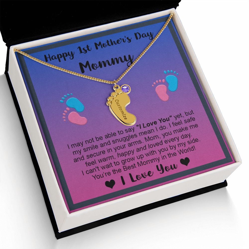 Mommy's First Mothers Day Gift- Engraved Baby Feet Necklace with Birthstone - Dup 2