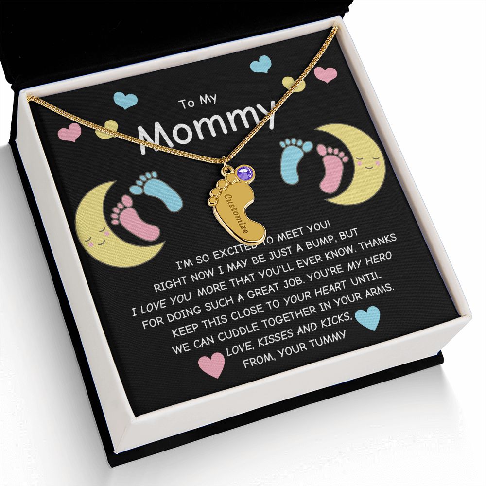 Mommy To Be - Engraved Baby Feet Necklace with Birthstone - You're My Hero- wo lux box