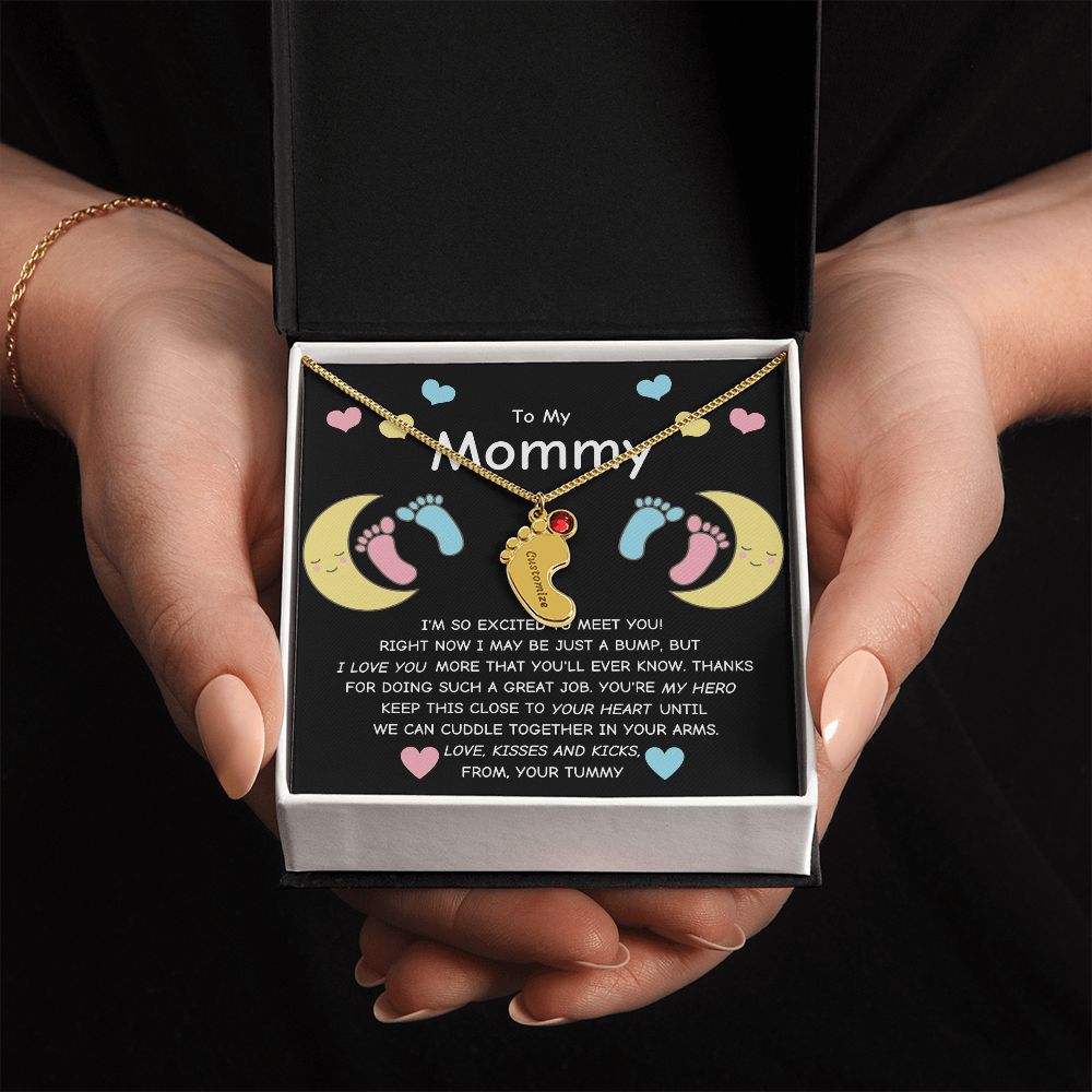 Mommy To Be - Engraved Baby Feet Necklace with Birthstone - You're My Hero- wo lux box