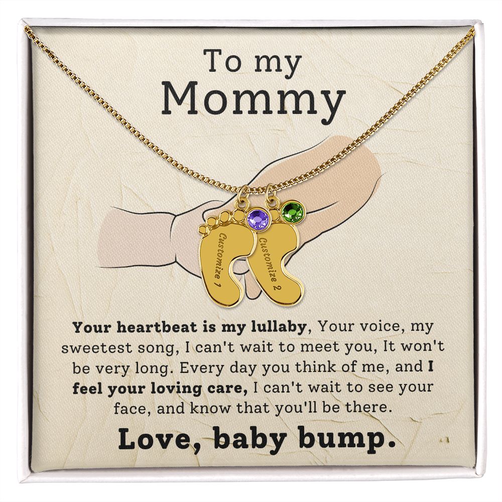 Mommy To Be - Engraved Baby Feet Necklace with Birthstone - Your Heartbeat Is My Lullaby- w/o lux box