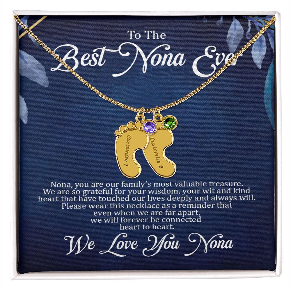 Nona - Best Nona Ever - Custom Name Baby Feet Charm Necklace