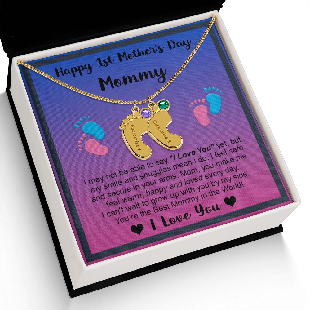 Mommy's First Mothers Day Gift- Engraved Baby Feet Necklace with Birthstone - Dup 2