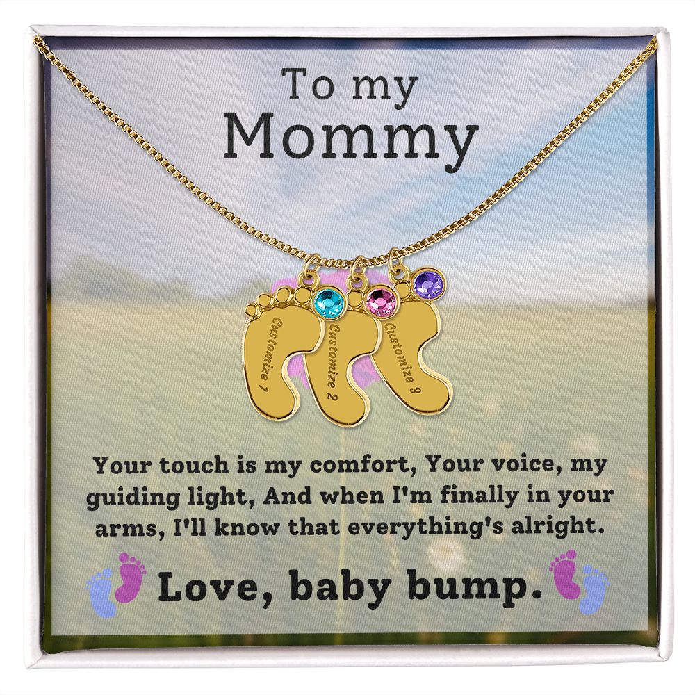 Mommy To Be - Engraved Baby Feet Necklace with Birthstone - Your Touch Is My Comfort- w/o lux box