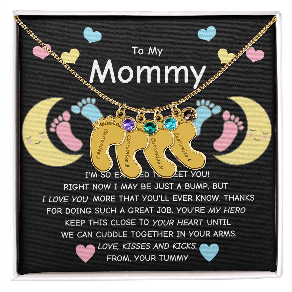 Mommy To Be - Engraved Baby Feet Necklace with Birthstone - You're My Hero- wo lux box