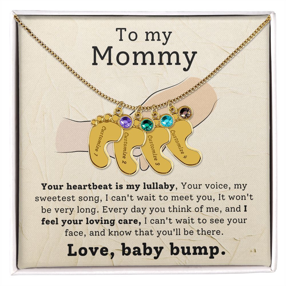 Mommy To Be - Engraved Baby Feet Necklace with Birthstone - Your Heartbeat Is My Lullaby- w/o lux box