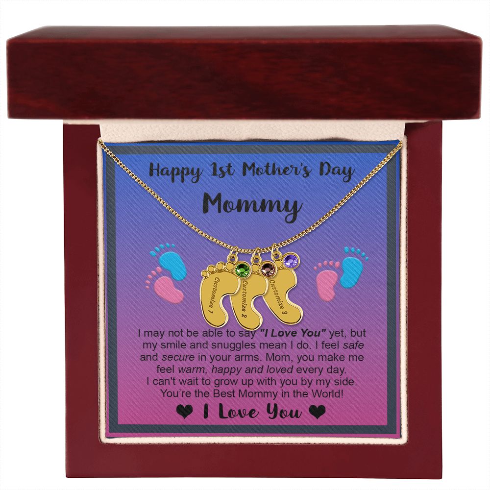 Mommy's First Mothers Day Gift- Engraved Baby Feet Necklace with Birthstone